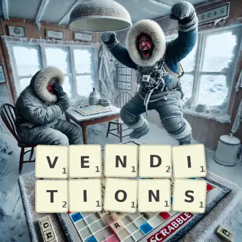 Creative illustration for a Scrabble game with the word VENDITIONS spelled out in tiles on the board.