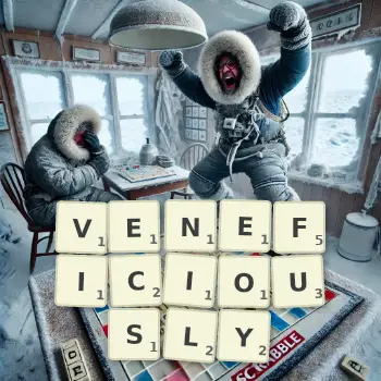 Creative illustration for a Scrabble game with the word VENEFICIOUSLY spelled out in tiles on the board.