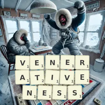 Creative illustration for a Scrabble game with the word VENERATIVENESS spelled out in tiles on the board.