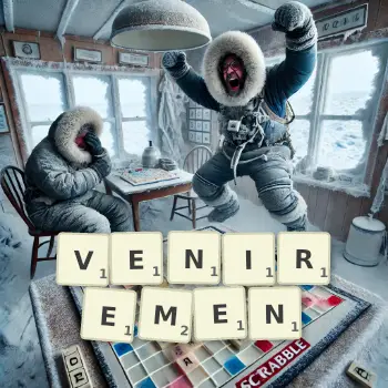 Creative illustration for a Scrabble game with the word VENIREMEN spelled out in tiles on the board.