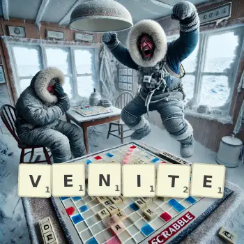 Creative illustration for a Scrabble game with the word VENITE spelled out in tiles on the board.