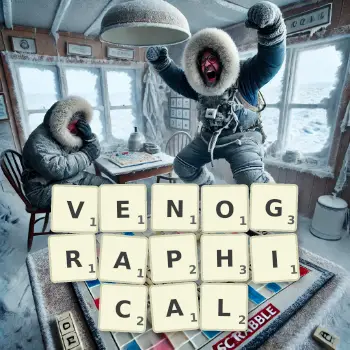 Creative illustration for a Scrabble game with the word VENOGRAPHICAL spelled out in tiles on the board.