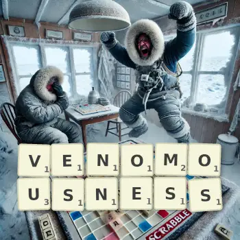 Creative illustration for a Scrabble game with the word VENOMOUSNESS spelled out in tiles on the board.