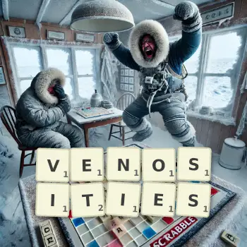Creative illustration for a Scrabble game with the word VENOSITIES spelled out in tiles on the board.