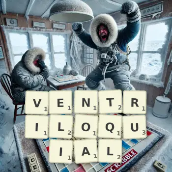 Creative illustration for a Scrabble game with the word VENTRILOQUIAL spelled out in tiles on the board.