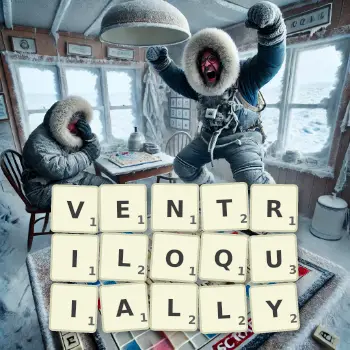 Creative illustration for a Scrabble game with the word VENTRILOQUIALLY spelled out in tiles on the board.