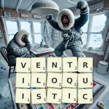 Creative illustration for a Scrabble game with the word VENTRILOQUISTIC spelled out in tiles on the board.