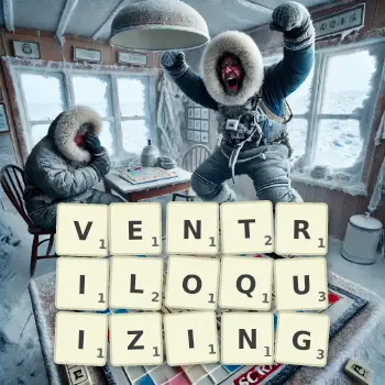 Creative illustration for a Scrabble game with the word VENTRILOQUIZING spelled out in tiles on the board.