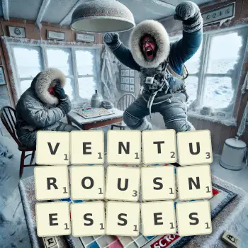 Creative illustration for a Scrabble game with the word VENTUROUSNESSES spelled out in tiles on the board.