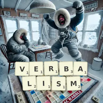 Creative illustration for a Scrabble game with the word VERBALISM spelled out in tiles on the board.