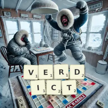 Creative illustration for a Scrabble game with the word VERDICT spelled out in tiles on the board.
