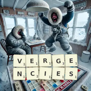 Creative illustration for a Scrabble game with the word VERGENCIES spelled out in tiles on the board.
