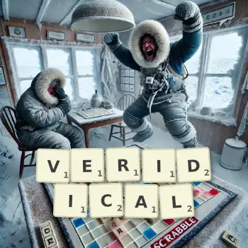 Creative illustration for a Scrabble game with the word VERIDICAL spelled out in tiles on the board.
