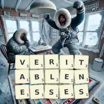 Creative illustration for a Scrabble game with the word VERITABLENESSES spelled out in tiles on the board.