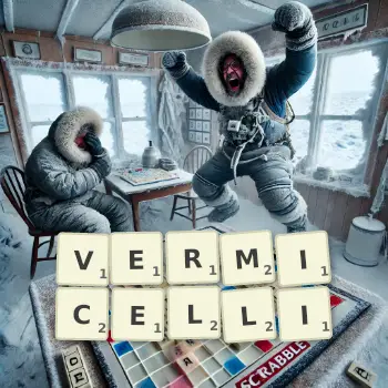 Creative illustration for a Scrabble game with the word VERMICELLI spelled out in tiles on the board.