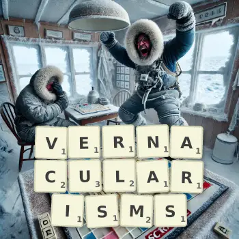 Creative illustration for a Scrabble game with the word VERNACULARISMS spelled out in tiles on the board.
