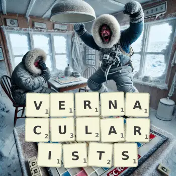 Creative illustration for a Scrabble game with the word VERNACULARISTS spelled out in tiles on the board.