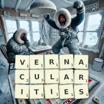 Creative illustration for a Scrabble game with the word VERNACULARITIES spelled out in tiles on the board.