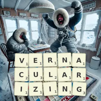 Creative illustration for a Scrabble game with the word VERNACULARIZING spelled out in tiles on the board.