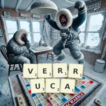 Creative illustration for a Scrabble game with the word VERRUCA spelled out in tiles on the board.