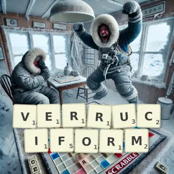 Creative illustration for a Scrabble game with the word VERRUCIFORM spelled out in tiles on the board.