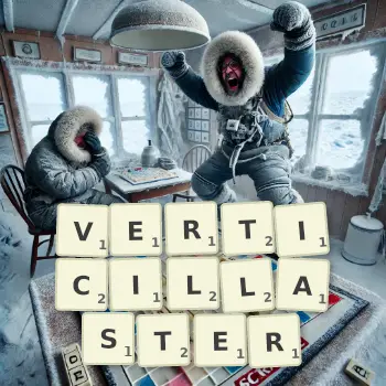 Creative illustration for a Scrabble game with the word VERTICILLASTER spelled out in tiles on the board.