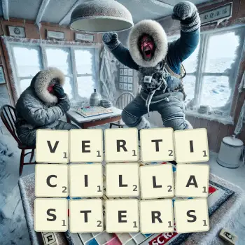 Creative illustration for a Scrabble game with the word VERTICILLASTERS spelled out in tiles on the board.