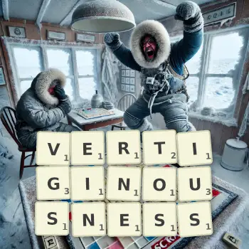 Creative illustration for a Scrabble game with the word VERTIGINOUSNESS spelled out in tiles on the board.