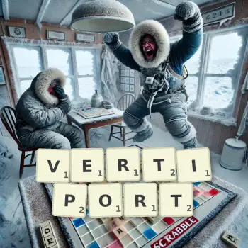 Creative illustration for a Scrabble game with the word VERTIPORT spelled out in tiles on the board.