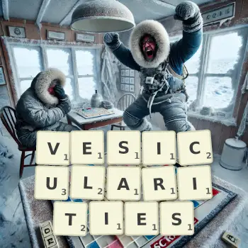 Creative illustration for a Scrabble game with the word VESICULARITIES spelled out in tiles on the board.
