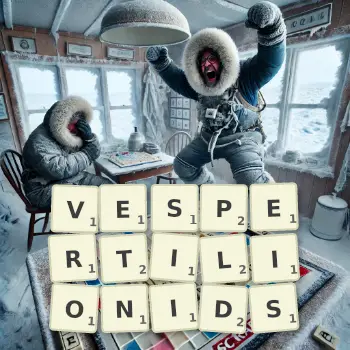 Creative illustration for a Scrabble game with the word VESPERTILIONIDS spelled out in tiles on the board.