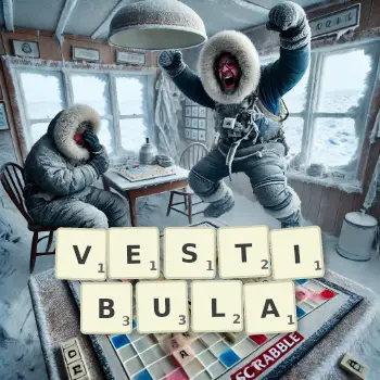 Creative illustration for a Scrabble game with the word VESTIBULA spelled out in tiles on the board.