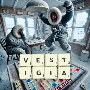 Creative illustration for a Scrabble game with the word VESTIGIA spelled out in tiles on the board.