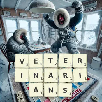Creative illustration for a Scrabble game with the word VETERINARIANS spelled out in tiles on the board.