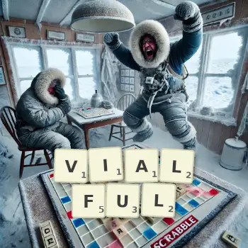 Creative illustration for a Scrabble game with the word VIALFUL spelled out in tiles on the board.
