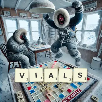 Creative illustration for a Scrabble game with the word VIALS spelled out in tiles on the board.