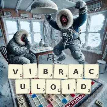 Creative illustration for a Scrabble game with the word VIBRACULOID spelled out in tiles on the board.