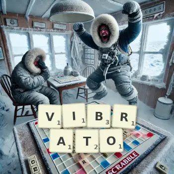 Creative illustration for a Scrabble game with the word VIBRATO spelled out in tiles on the board.