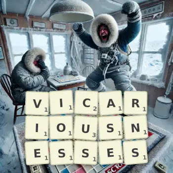 Creative illustration for a Scrabble game with the word VICARIOUSNESSES spelled out in tiles on the board.