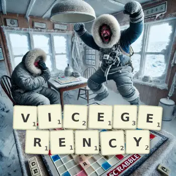 Creative illustration for a Scrabble game with the word VICEGERENCY spelled out in tiles on the board.