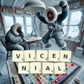 Creative illustration for a Scrabble game with the word VICENNIAL spelled out in tiles on the board.