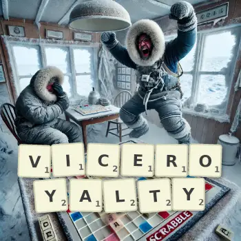 Creative illustration for a Scrabble game with the word VICEROYALTY spelled out in tiles on the board.