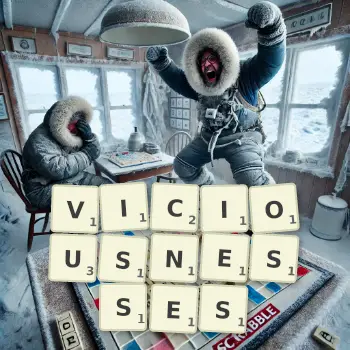 Creative illustration for a Scrabble game with the word VICIOUSNESSES spelled out in tiles on the board.