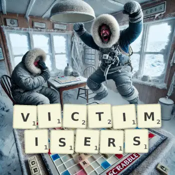 Creative illustration for a Scrabble game with the word VICTIMISERS spelled out in tiles on the board.