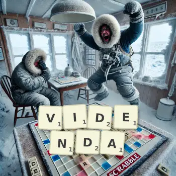 Creative illustration for a Scrabble game with the word VIDENDA spelled out in tiles on the board.