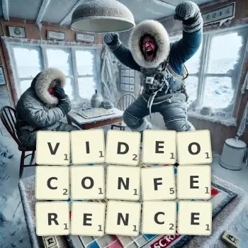 Creative illustration for a Scrabble game with the word VIDEOCONFERENCE spelled out in tiles on the board.