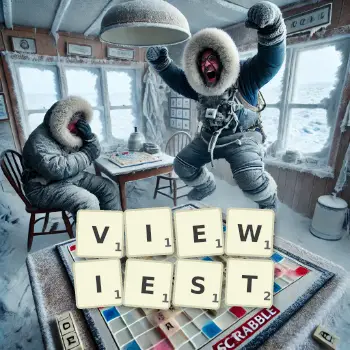 Creative illustration for a Scrabble game with the word VIEWIEST spelled out in tiles on the board.