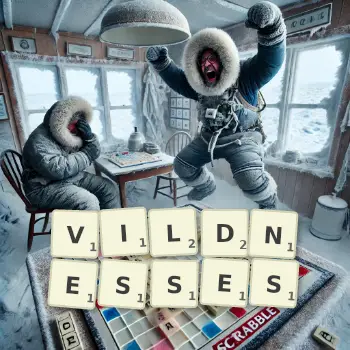 Creative illustration for a Scrabble game with the word VILDNESSES spelled out in tiles on the board.