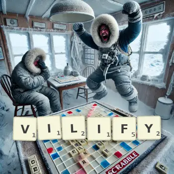 Creative illustration for a Scrabble game with the word VILIFY spelled out in tiles on the board.