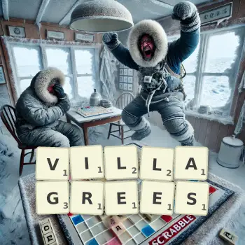 Creative illustration for a Scrabble game with the word VILLAGREES spelled out in tiles on the board.